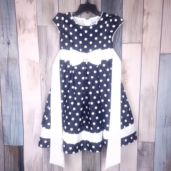Girl's Navy White Polka Dot Dress Sleeveless Taffeta Back Tie Size 4T - Picture 1 of 7